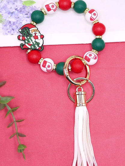 Festive Christmas Silicone Bead Keychain with Fiery Red Tassel