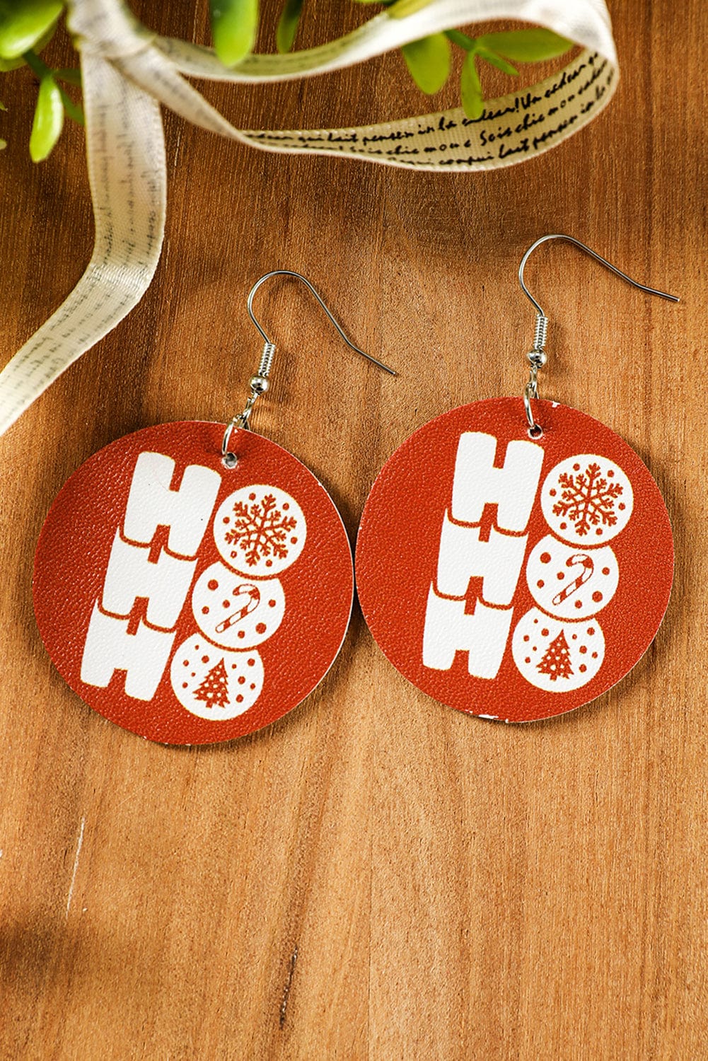 Festive Fiery Red PU Leather Drop Earrings with Christmas Pattern