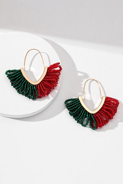 Festive Gold Rice Bead Color Block Dangle Earrings for Christmas