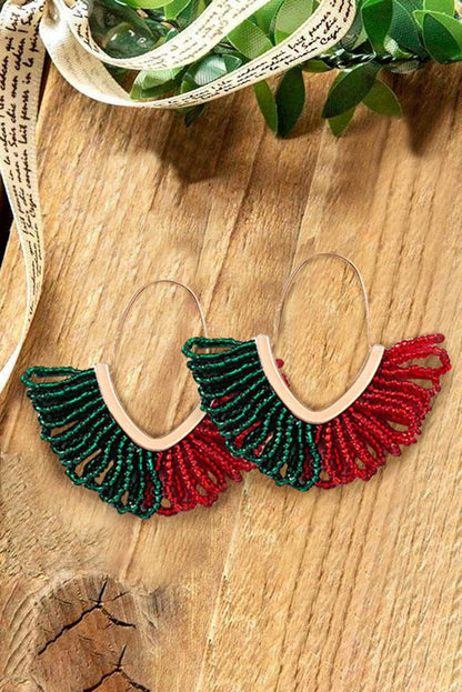 Festive Gold Rice Bead Color Block Dangle Earrings for Christmas