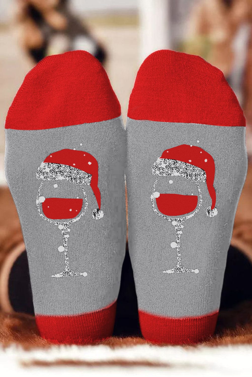 Festive Gray Christmas Champagne Santa Hat Print Socks