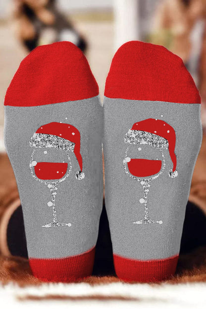 Festive Gray Christmas Champagne Santa Hat Print Socks