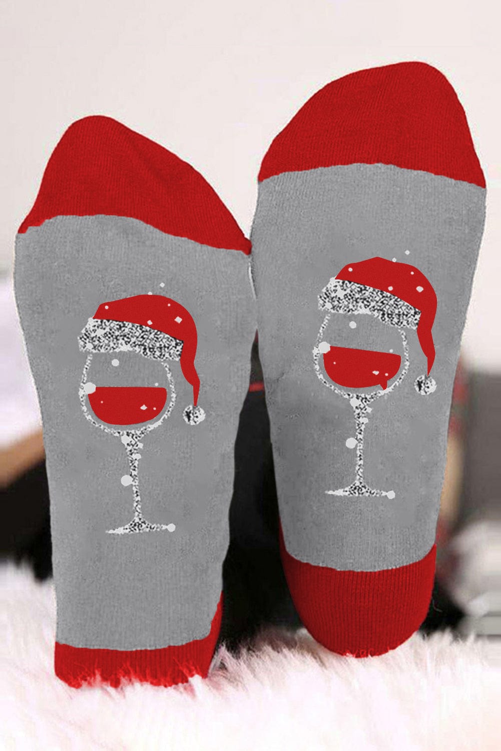 Festive Gray Christmas Champagne Santa Hat Print Socks