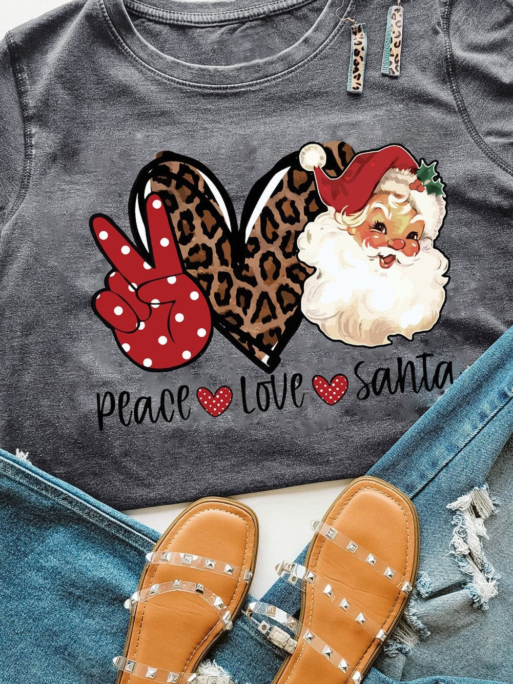 Festive Gray Santa Love Peace Tee