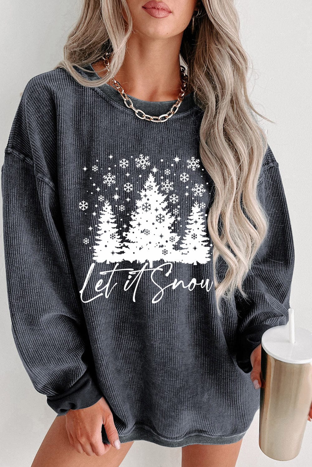 Festive Gray Snowflake Christmas Tree Corded Sweatshirt