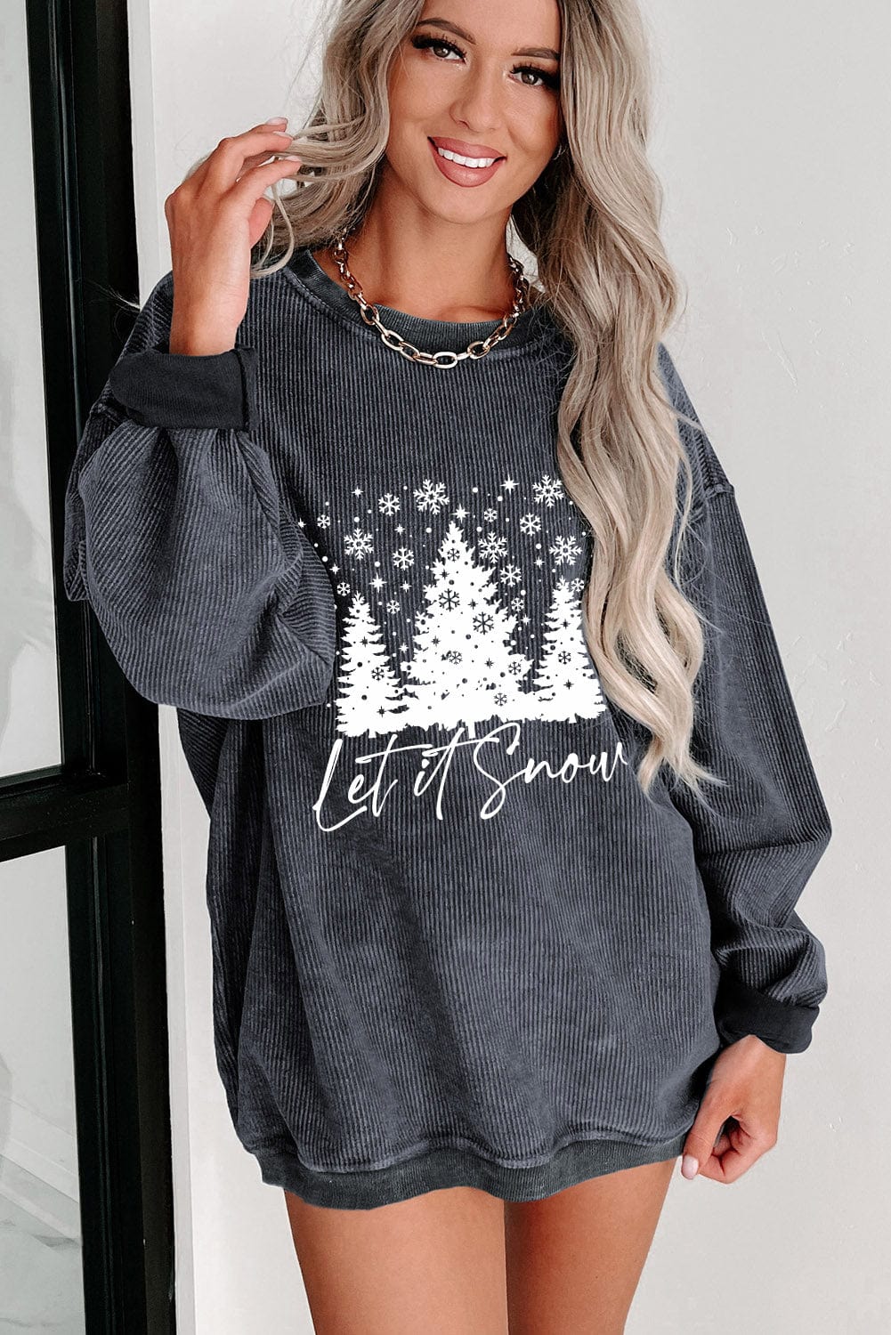 Festive Gray Snowflake Christmas Tree Corded Sweatshirt