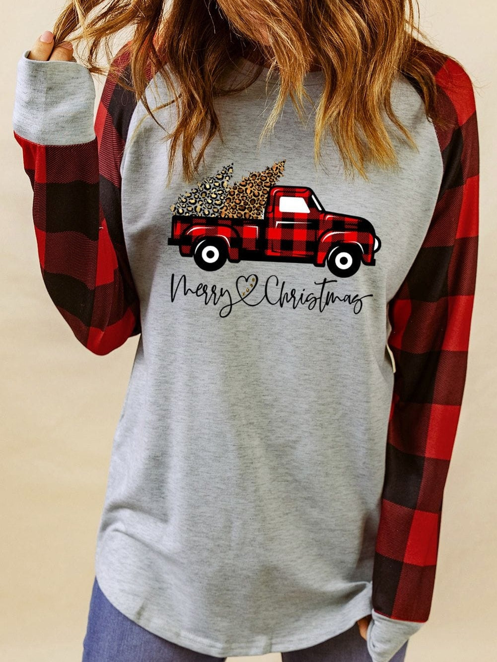 Festive Gray Truck Christmas Plaid Sweatshirt