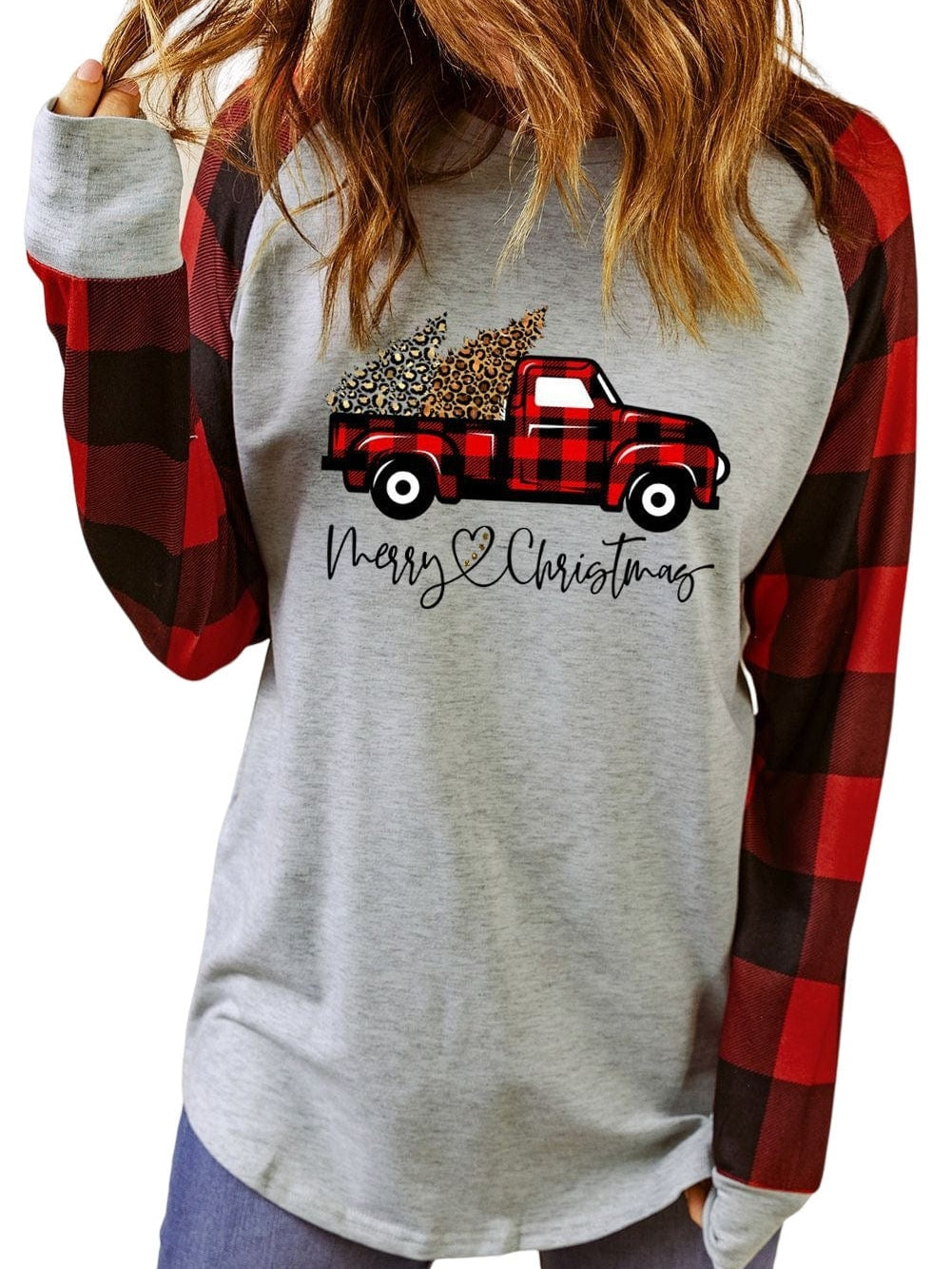 Festive Gray Truck Christmas Plaid Sweatshirt