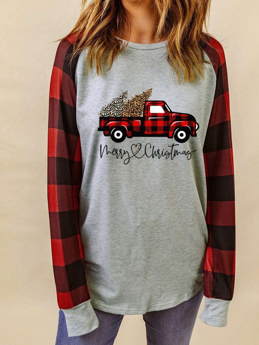 Festive Gray Truck Christmas Plaid Sweatshirt