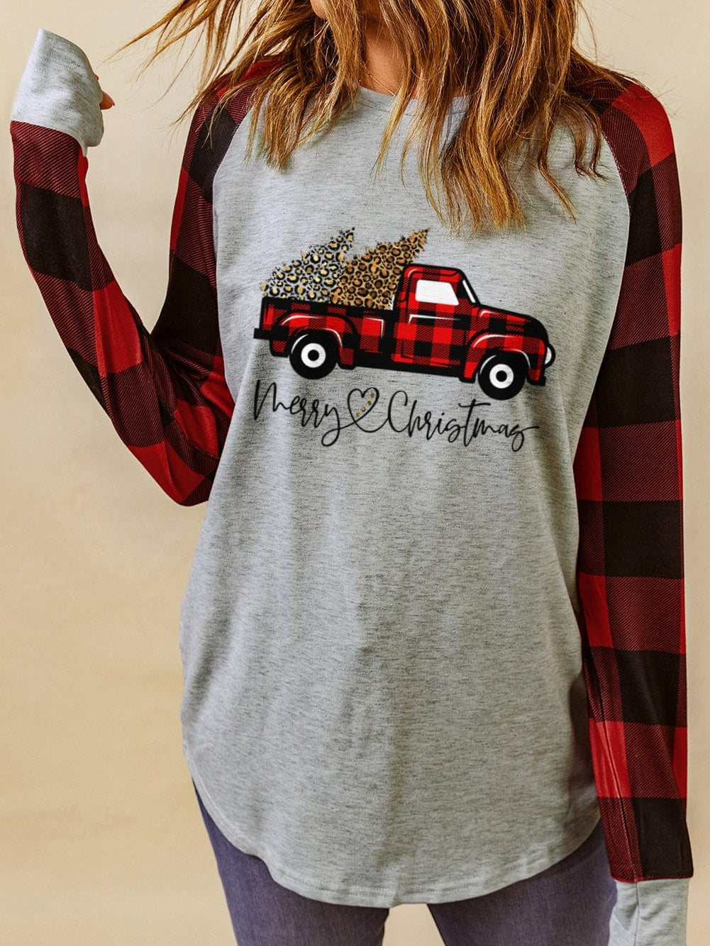 Festive Gray Truck Christmas Plaid Sweatshirt