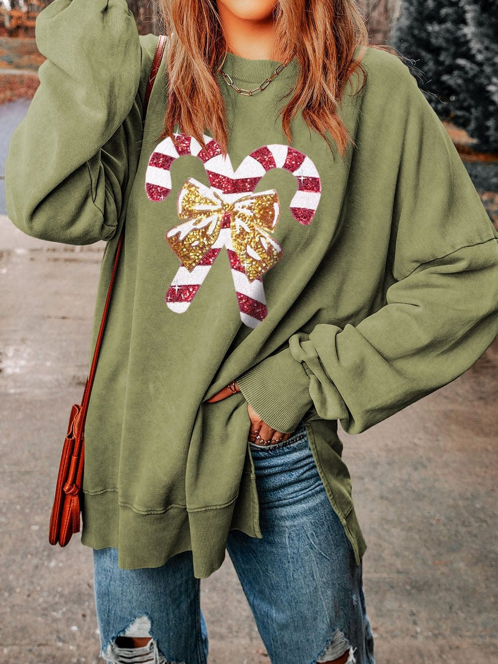 Festive Green Candy Cane Sequin Bow Sweatshirt