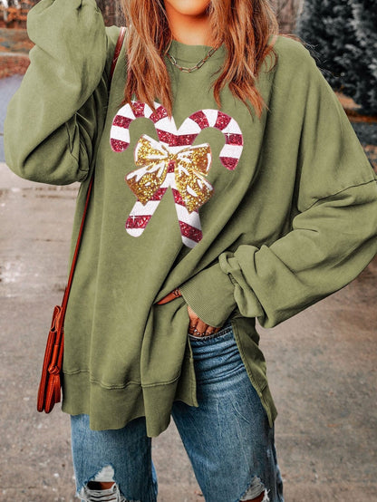 Festive Green Candy Cane Sequin Bow Sweatshirt