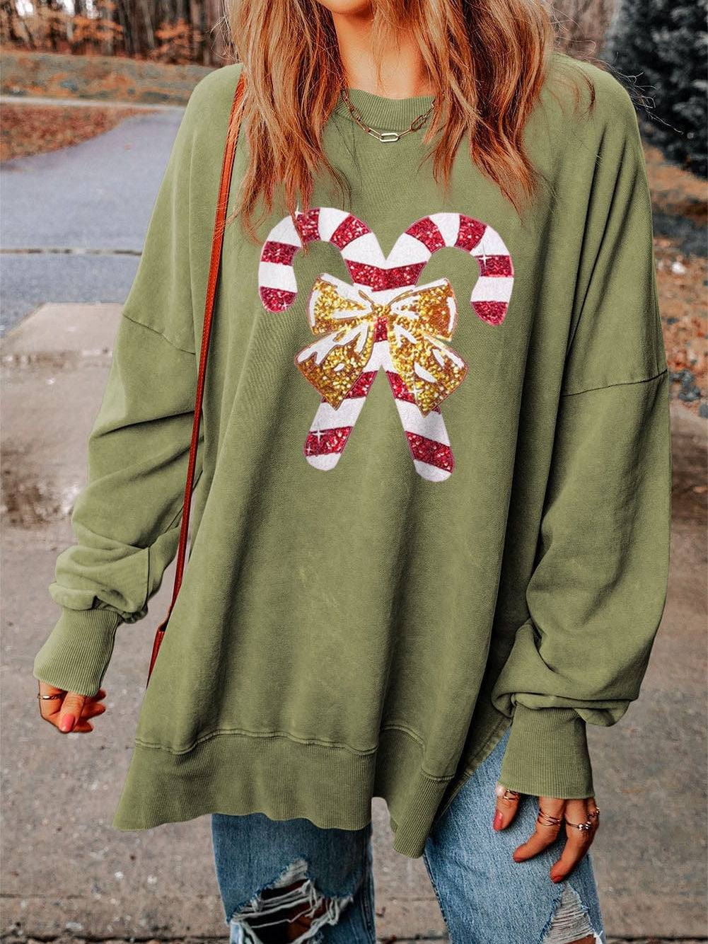Festive Green Candy Cane Sequin Bow Sweatshirt