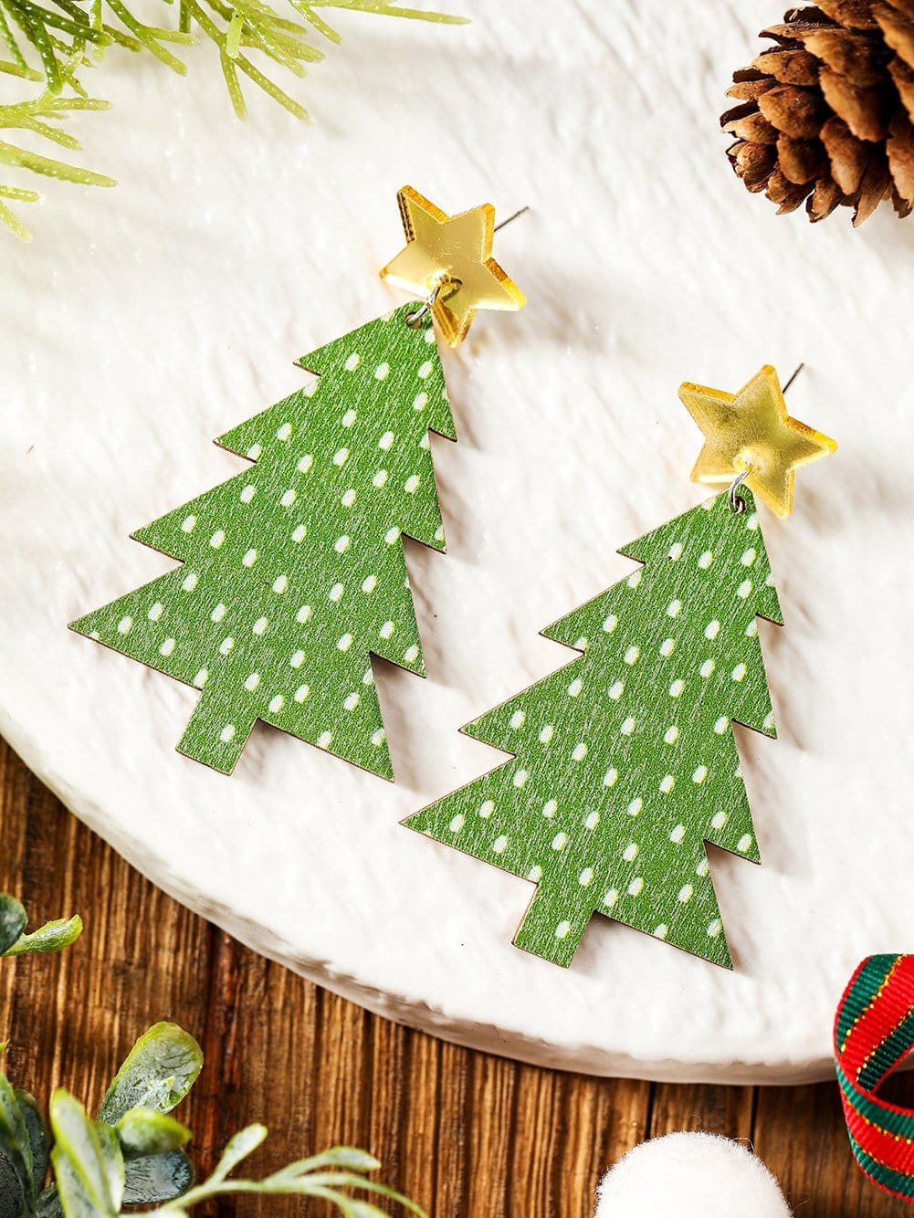 Festive Green Polka Dot Christmas Drop Earrings