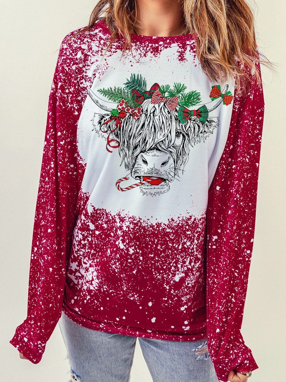 Festive Holiday Cow Print Red Tie-Dye Sweatshirt