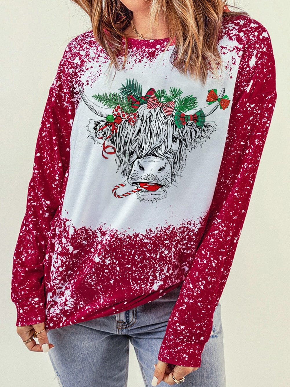 Festive Holiday Cow Print Red Tie-Dye Sweatshirt
