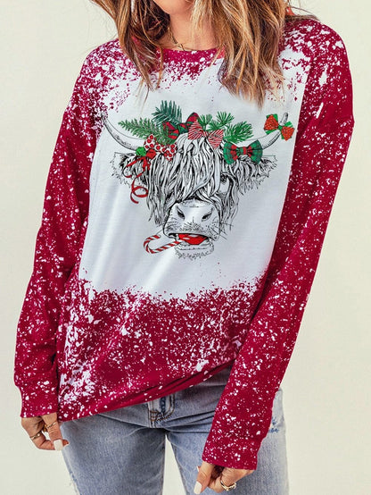 Festive Holiday Cow Print Red Tie-Dye Sweatshirt