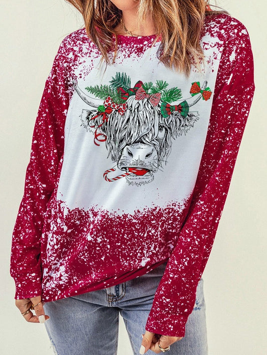 Festive Holiday Cow Print Red Tie-Dye Sweatshirt