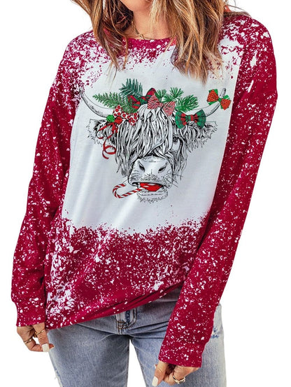 Festive Holiday Cow Print Red Tie-Dye Sweatshirt