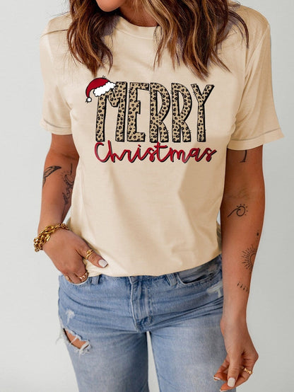 Festive Khaki Christmas Letter Printed Crew Neck Tee