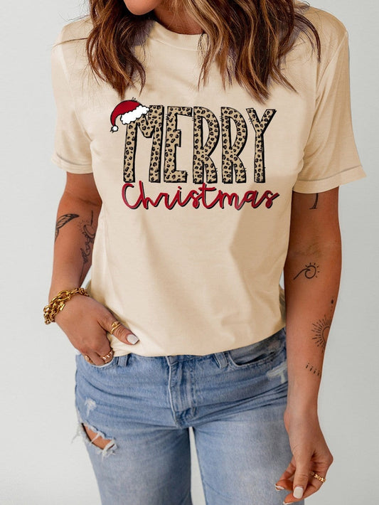 Festive Khaki Christmas Letter Printed Crew Neck Tee