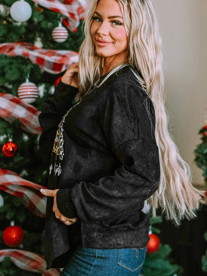 Festive Leopard Print Black Sweatshirt with Merry Christmas Trees