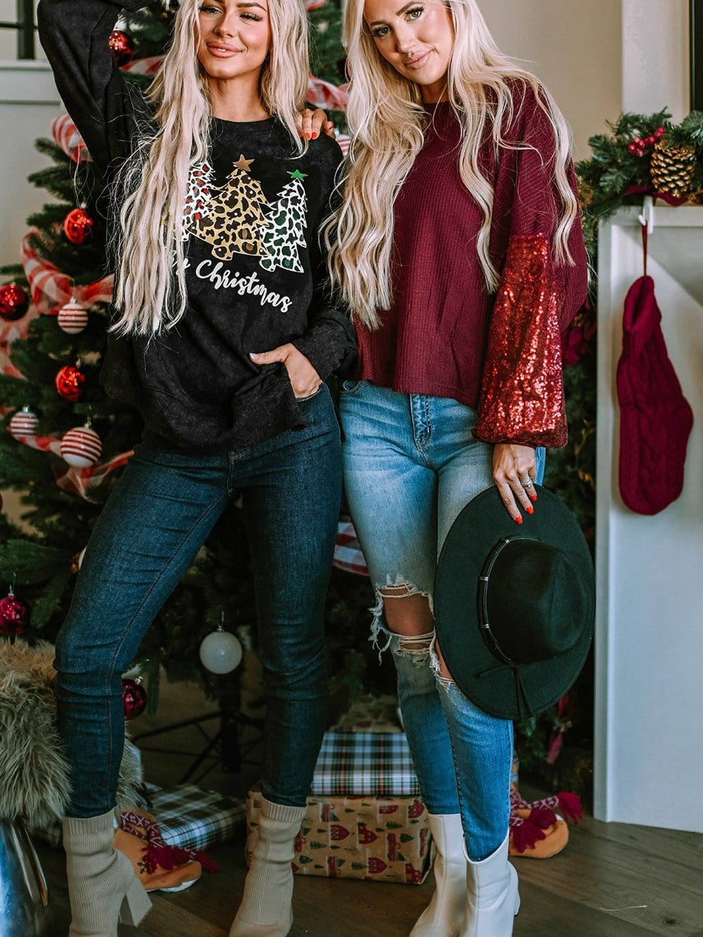 Festive Leopard Print Black Sweatshirt with Merry Christmas Trees