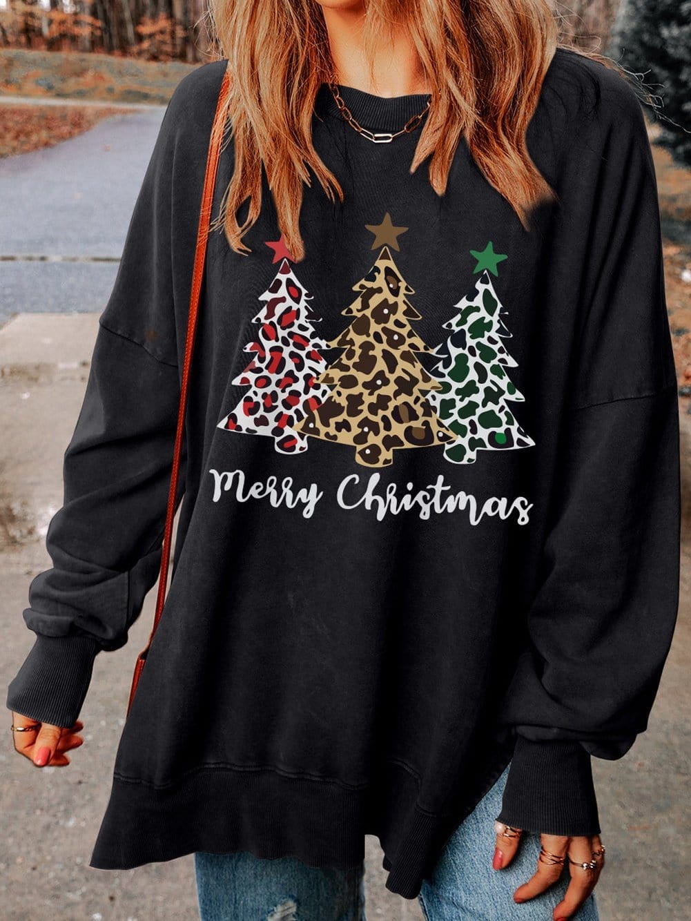 Festive Leopard Print Black Sweatshirt with Merry Christmas Trees