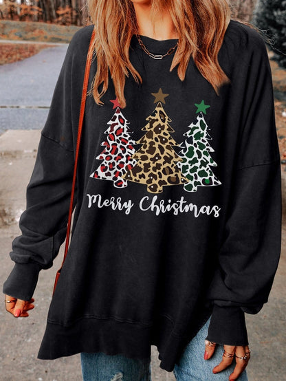Festive Leopard Print Black Sweatshirt with Merry Christmas Trees