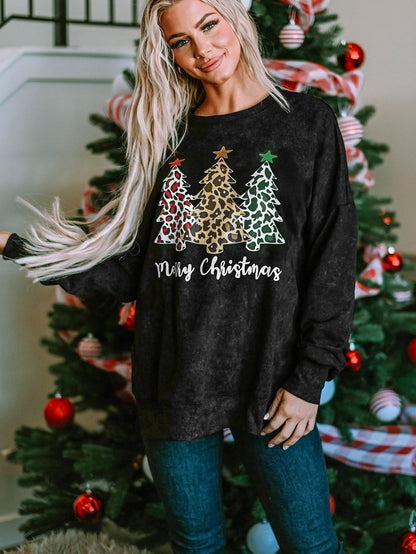 Festive Leopard Print Black Sweatshirt with Merry Christmas Trees