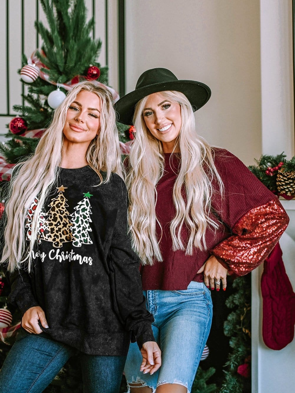 Festive Leopard Print Black Sweatshirt with Merry Christmas Trees