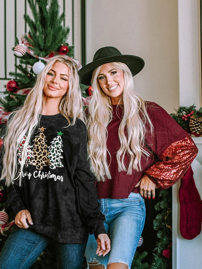 Festive Leopard Print Black Sweatshirt with Merry Christmas Trees