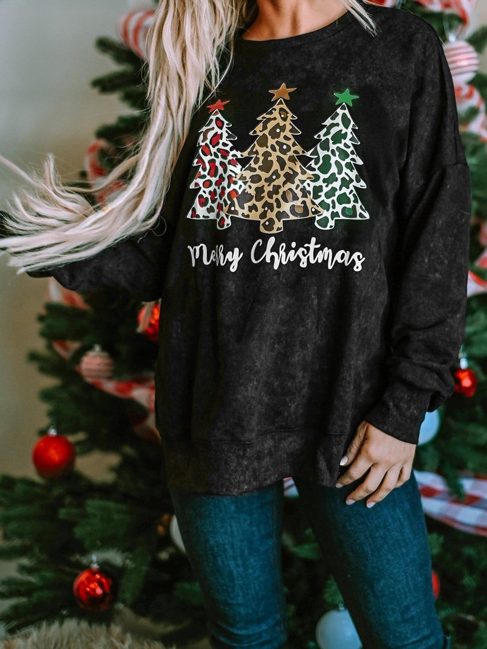 Festive Leopard Print Black Sweatshirt with Merry Christmas Trees