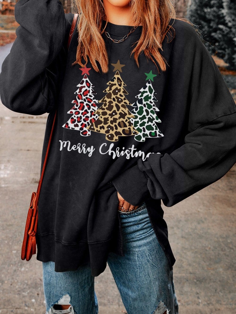 Festive Leopard Print Black Sweatshirt with Merry Christmas Trees
