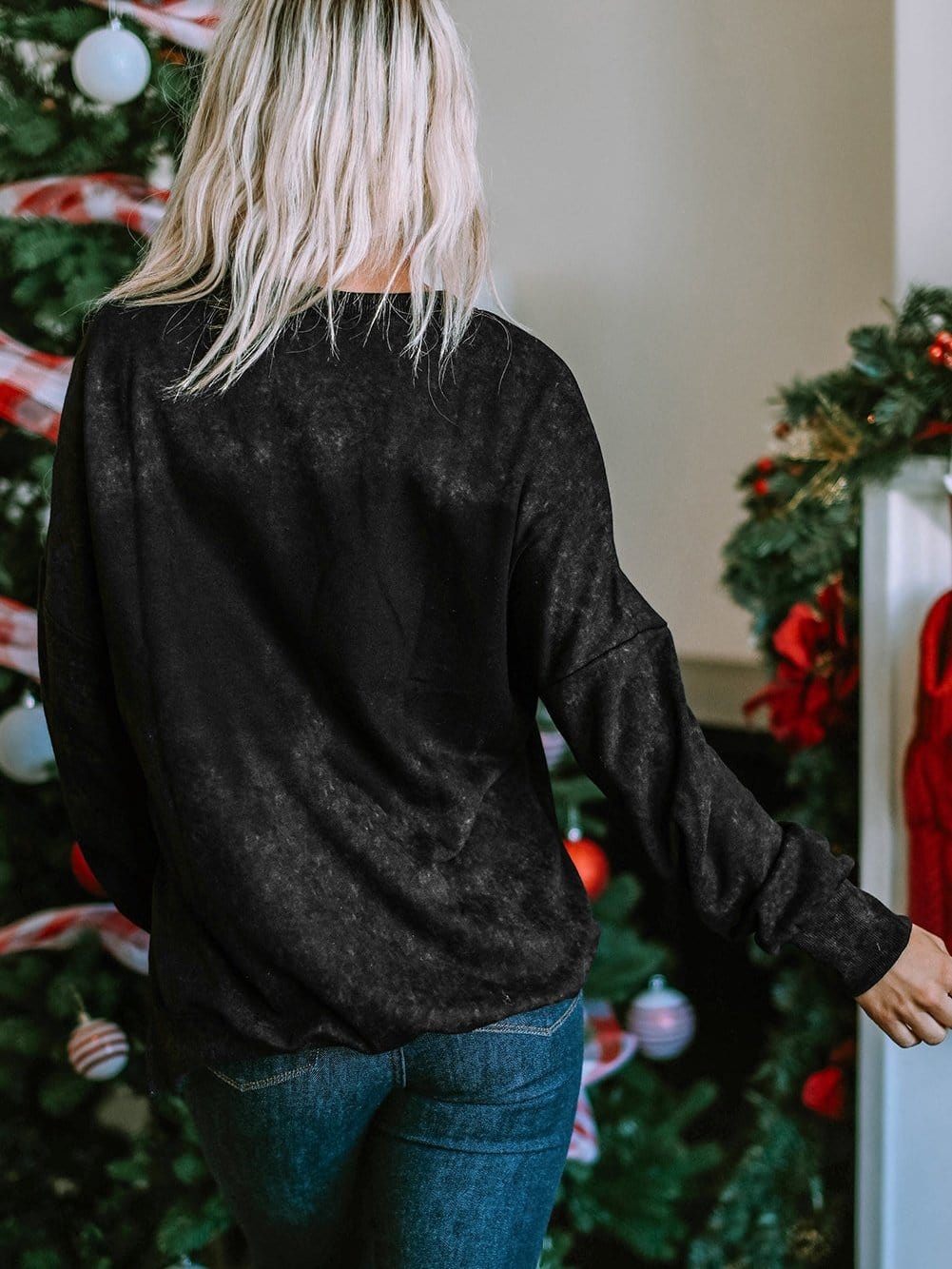 Festive Leopard Print Black Sweatshirt with Merry Christmas Trees