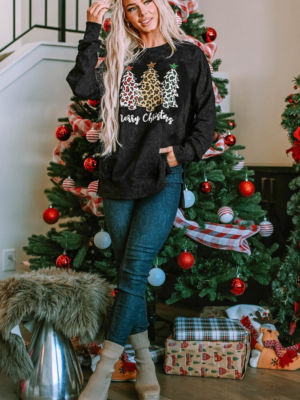 Festive Leopard Print Black Sweatshirt with Merry Christmas Trees