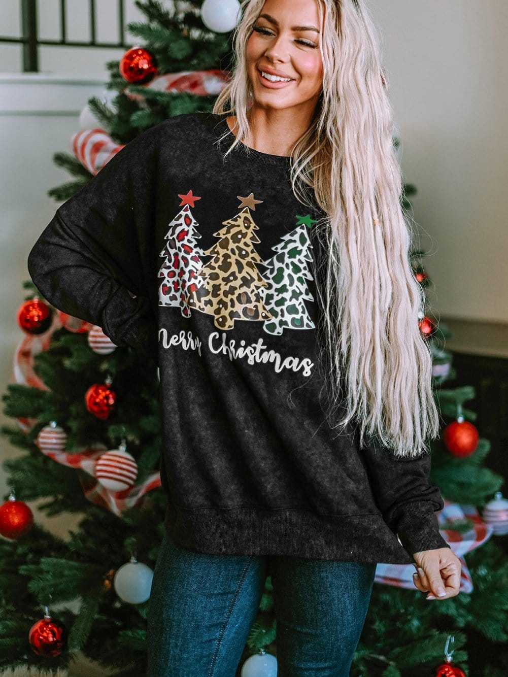Festive Leopard Print Black Sweatshirt with Merry Christmas Trees