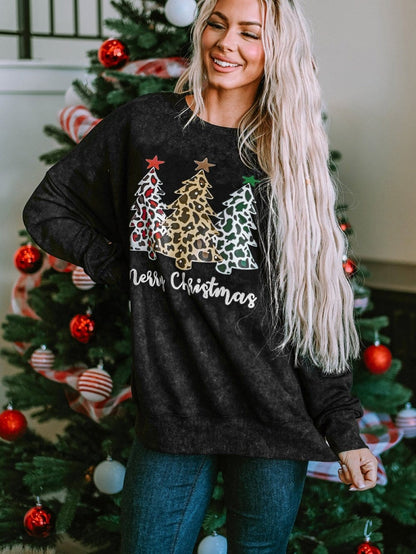 Festive Leopard Print Black Sweatshirt with Merry Christmas Trees