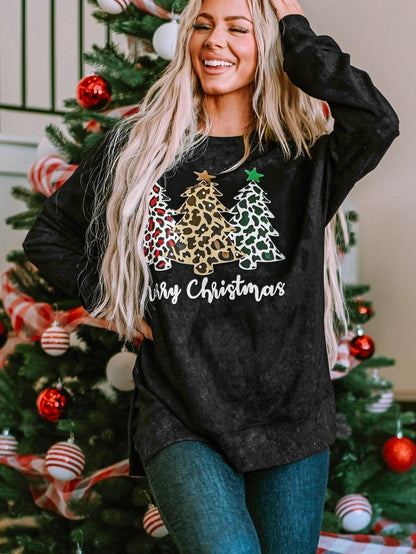 Festive Leopard Print Black Sweatshirt with Merry Christmas Trees