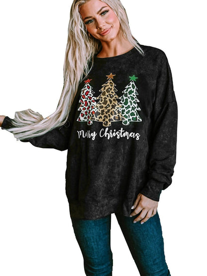 Festive Leopard Print Black Sweatshirt with Merry Christmas Trees