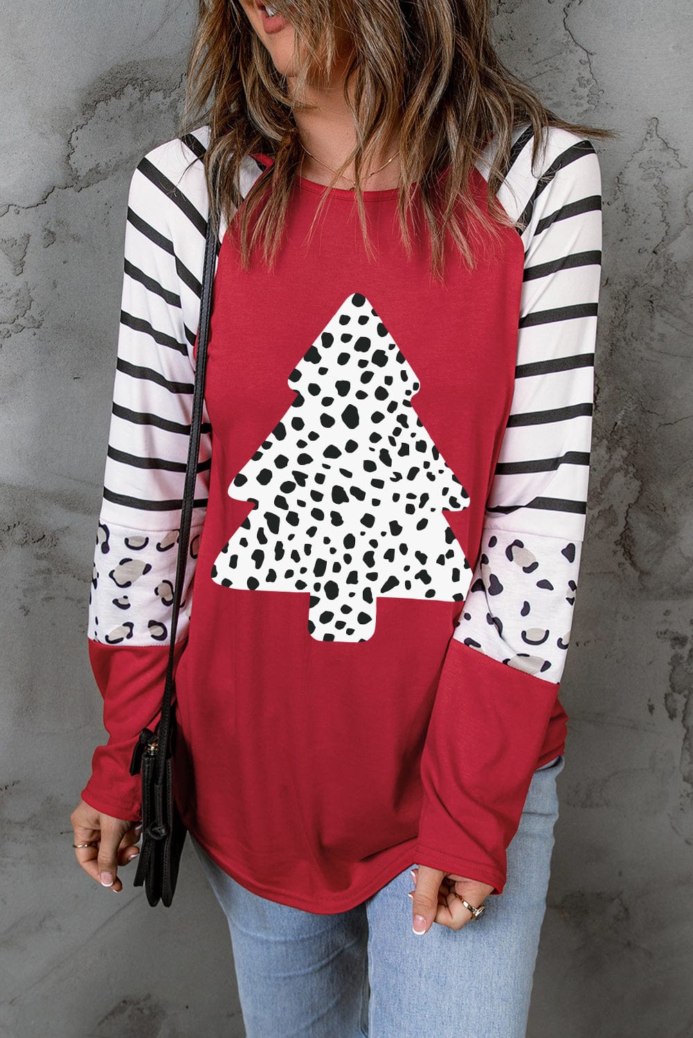 Festive Leopard Print Color Block Long Sleeve Top for Christmas