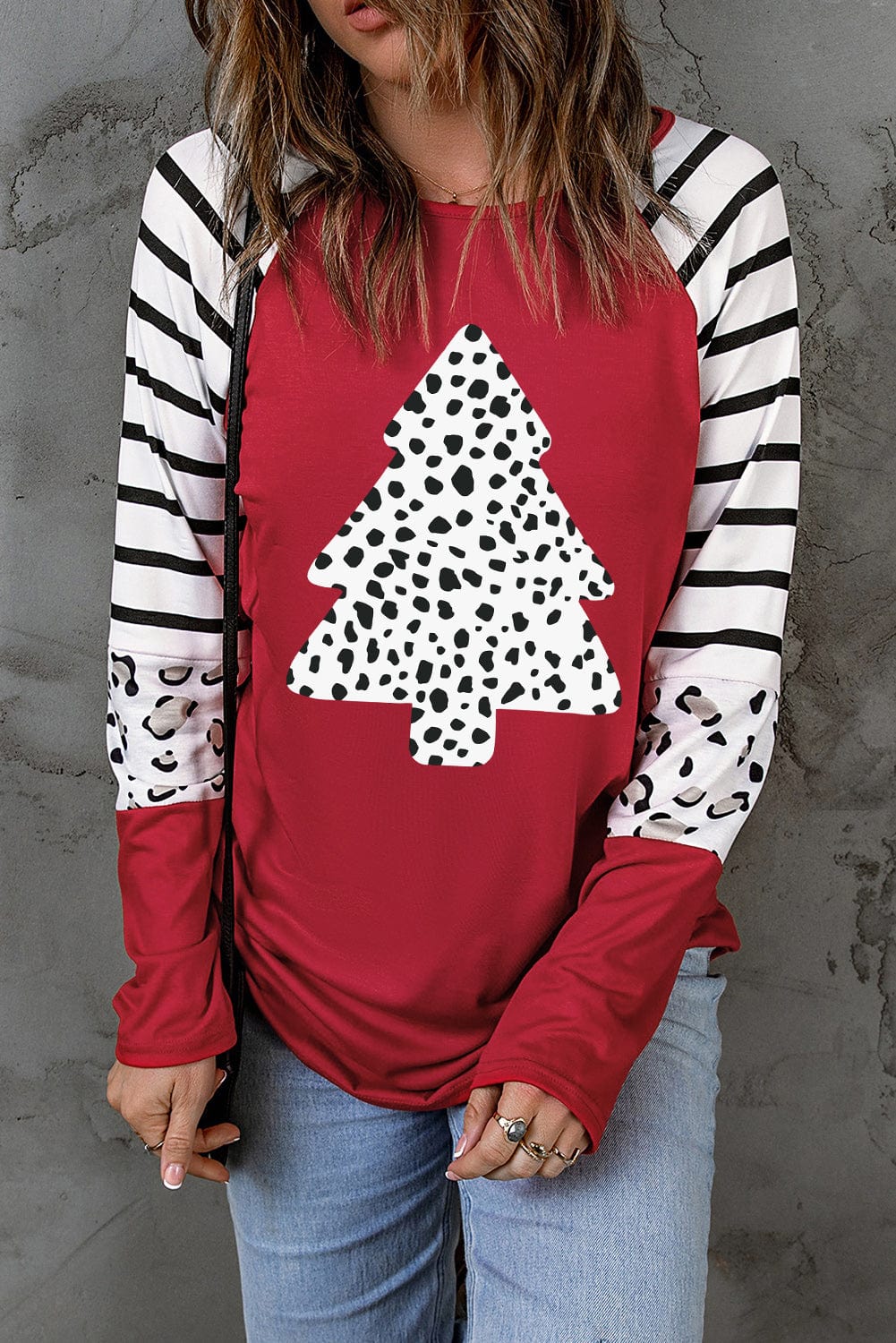 Festive Leopard Print Color Block Long Sleeve Top for Christmas