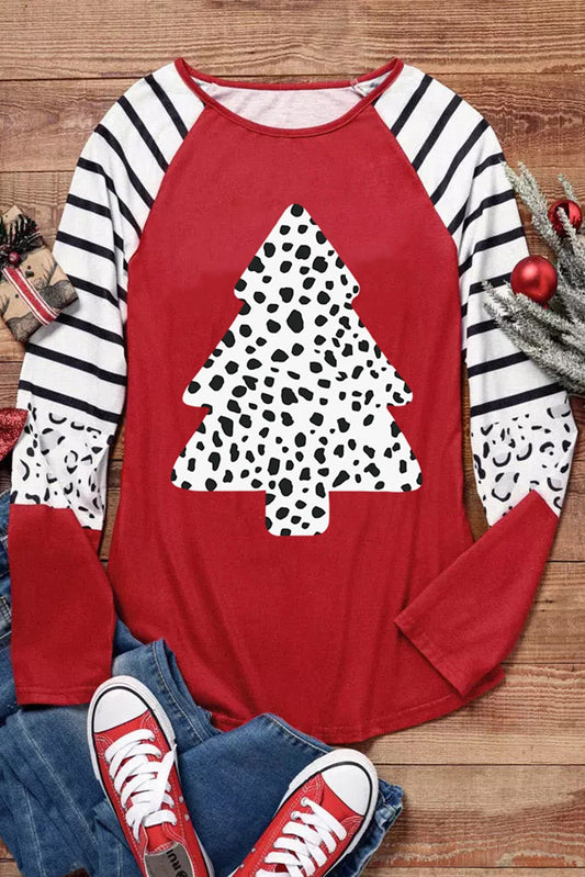 Festive Leopard Print Color Block Long Sleeve Top for Christmas