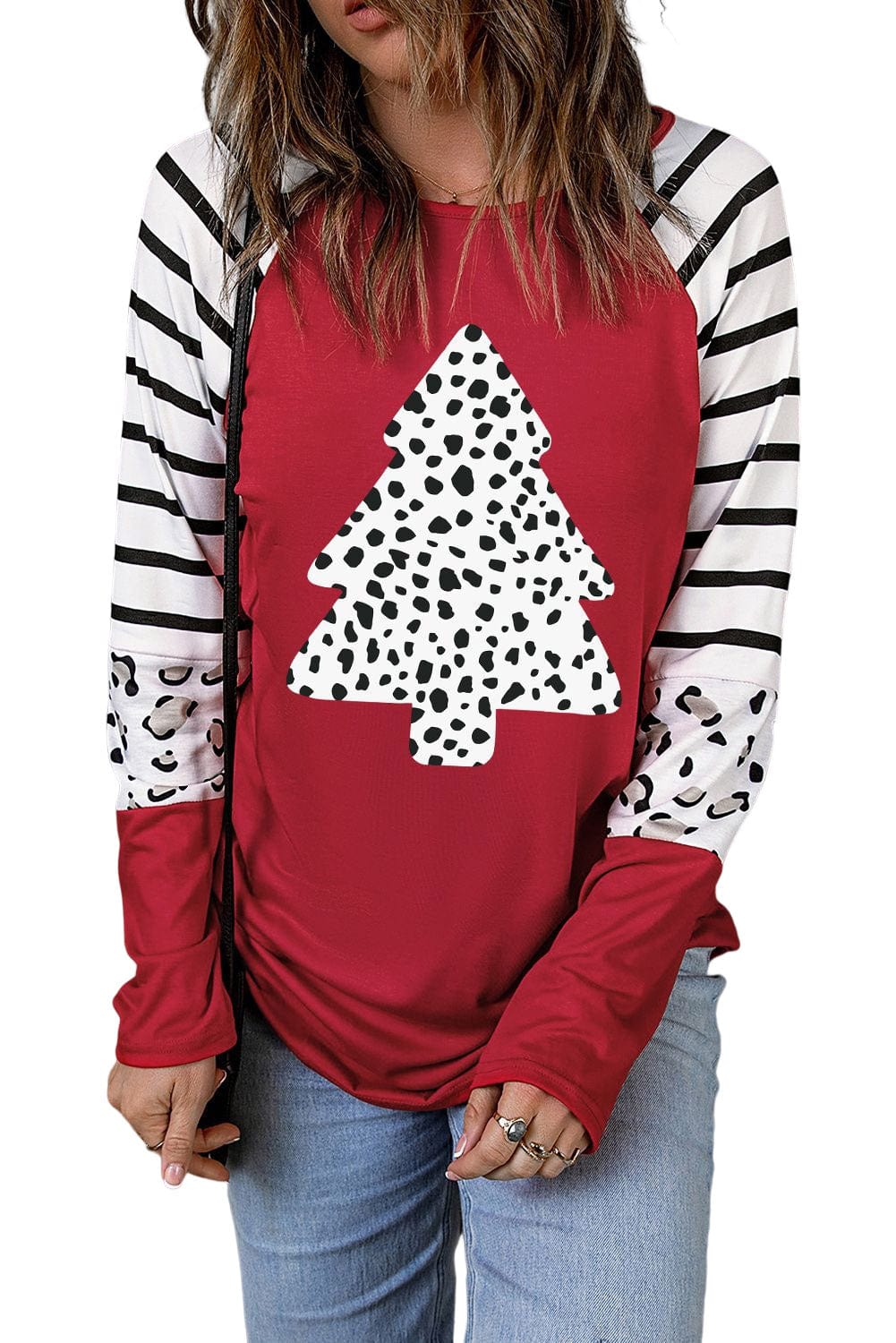 Festive Leopard Print Color Block Long Sleeve Top for Christmas