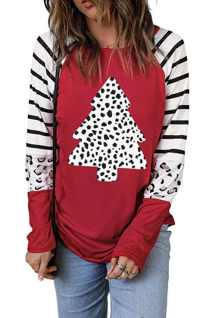 Festive Leopard Print Color Block Long Sleeve Top for Christmas