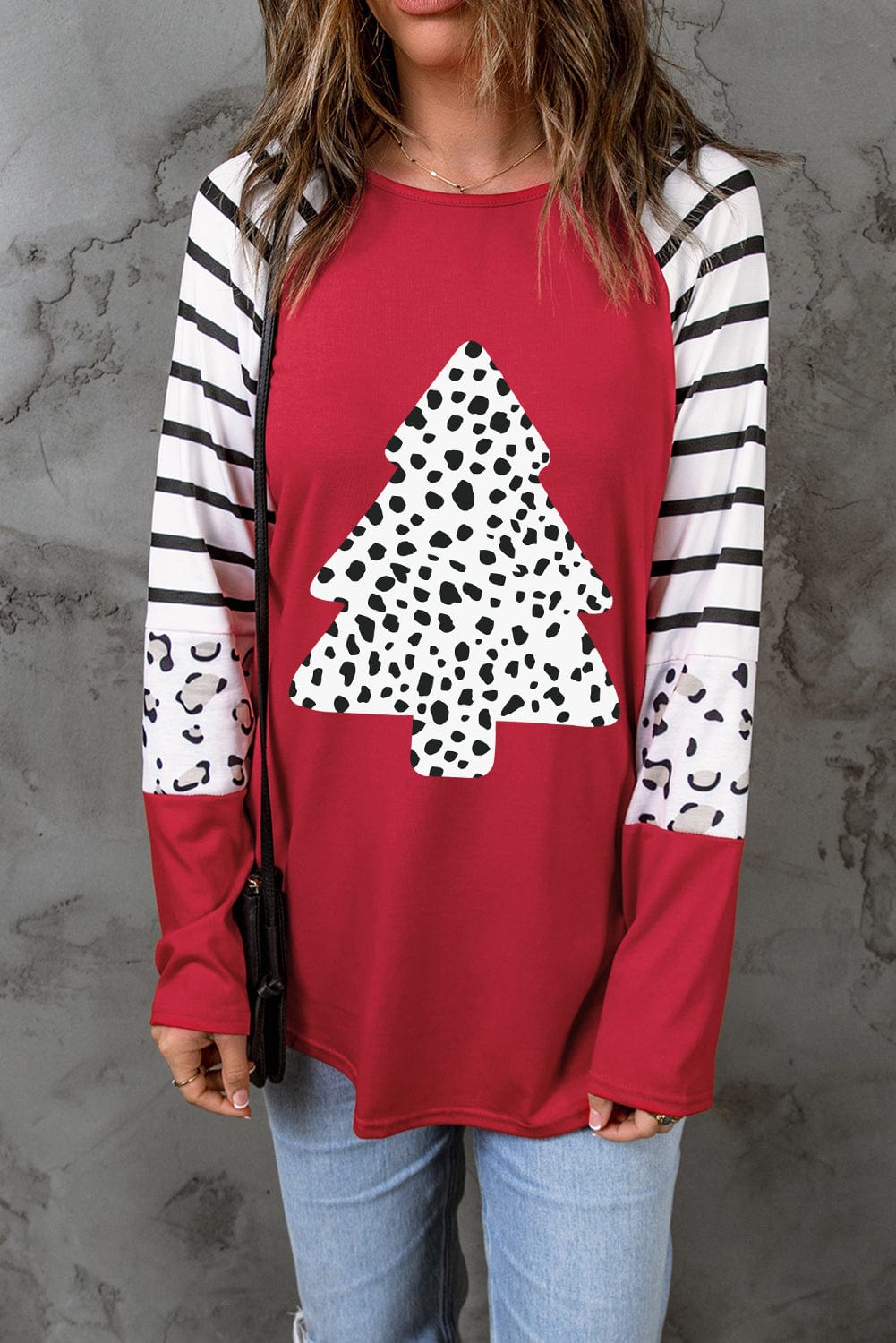 Festive Leopard Print Color Block Long Sleeve Top for Christmas