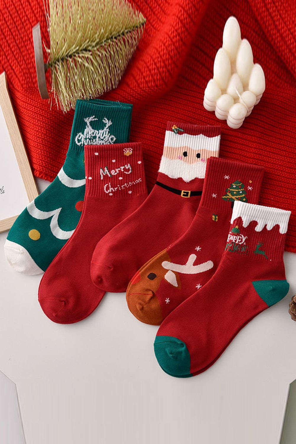 Festive Red Christmas Cartoon Printed Socks Set of 5