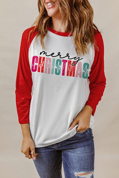 Festive Red Christmas Graphic Color Block Top with Raglan Sleeves