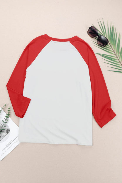 Festive Red Christmas Graphic Color Block Top with Raglan Sleeves