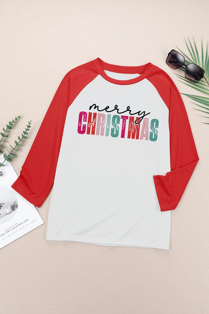 Festive Red Christmas Graphic Color Block Top with Raglan Sleeves